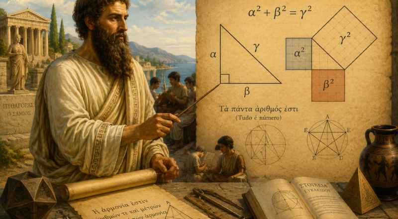 histórica relacionada a Pitágoras, geometria e triângulos