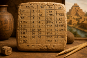 IMAGEM 1 – inserir aqui uma ilustração de uma antiga tábua mesopotâmica com registros numéricos